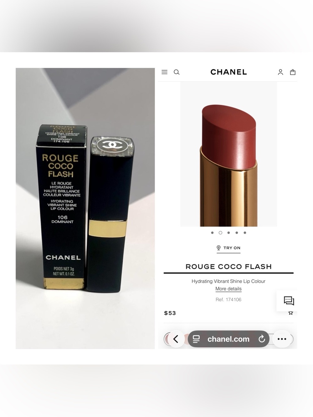 Chanel Rouge Coco Flash Hydrating Vibrant Shine Lip Colour - 106 Dominant